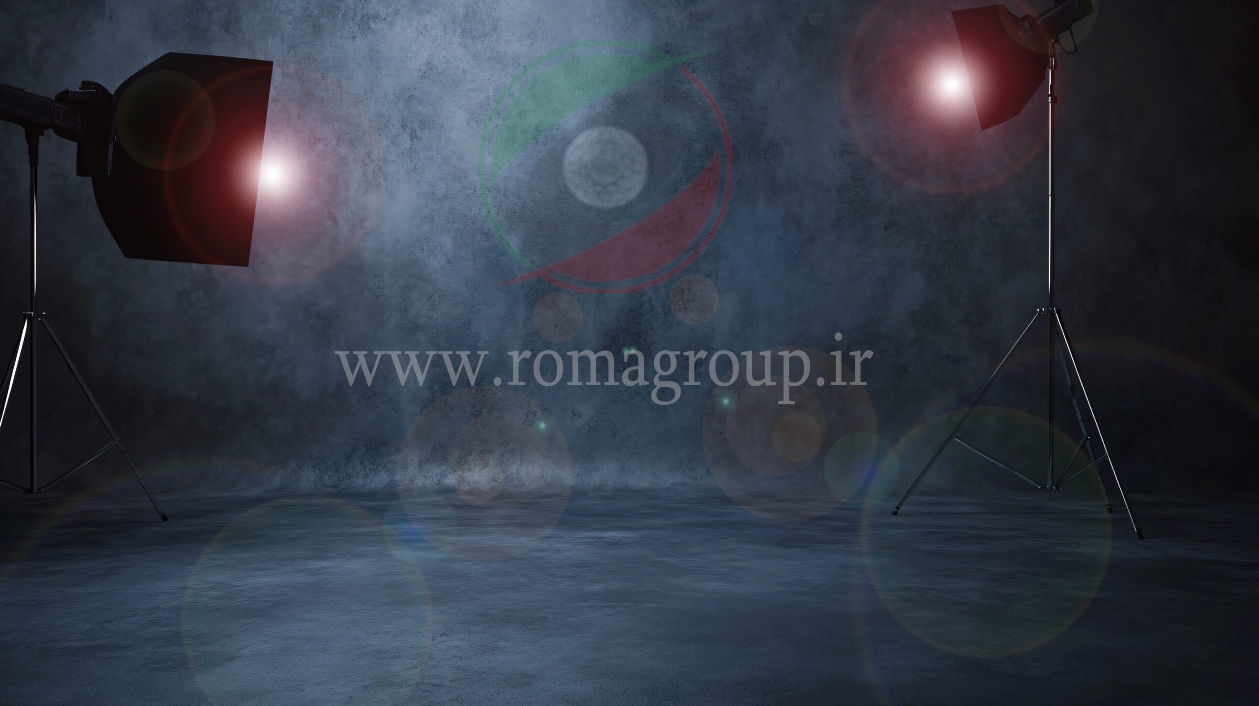 A dark room with two lighting stands and a camera